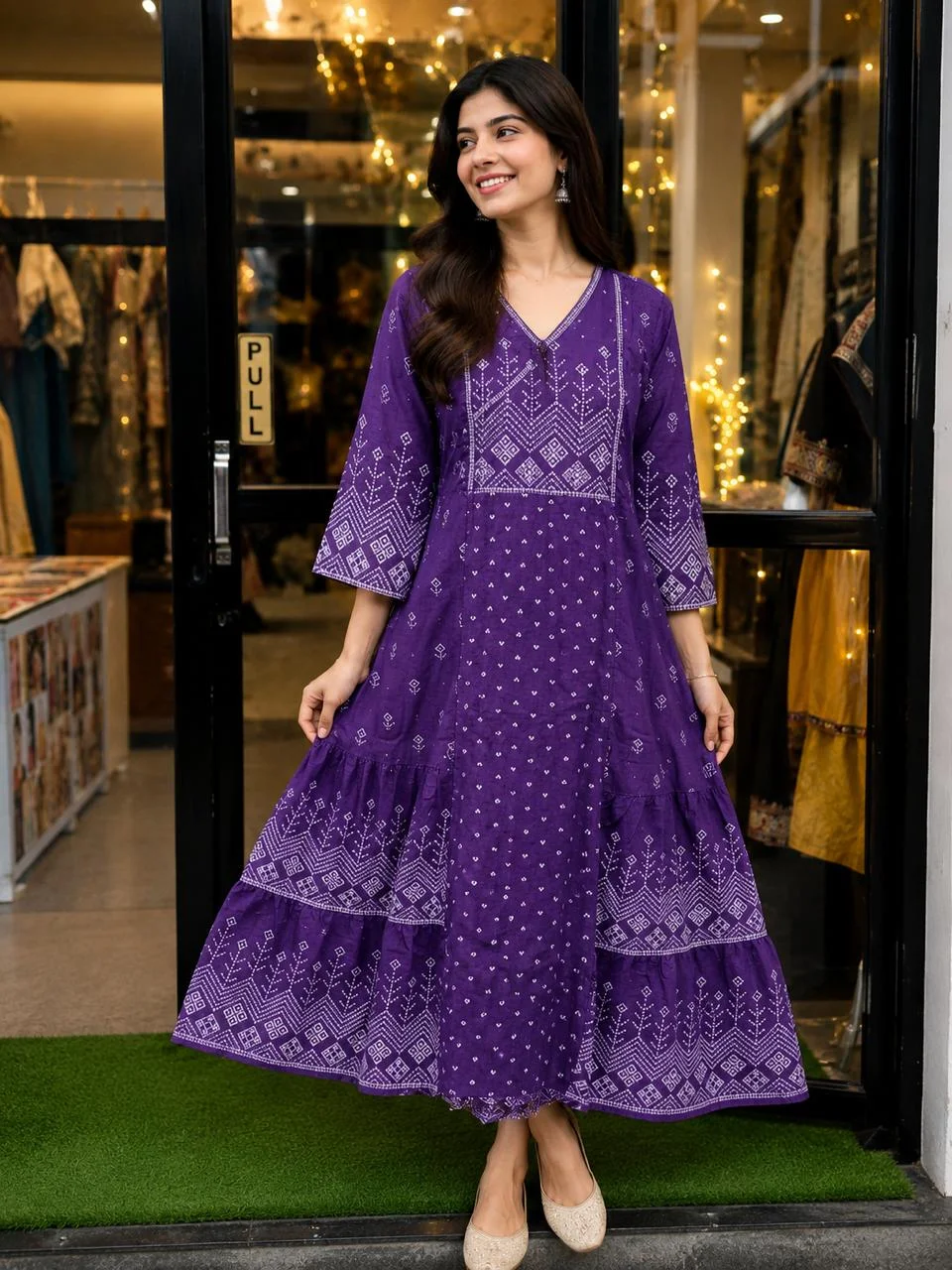Lavender Printed Work Jaipuri Print Cotton Frock Suit